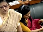 TMC leader Mahua Moitra could be seen keeping her bag beneath the table. TMC leader Mahua Moitra could be seen keeping her bag beneath the table.
