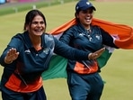 Lovely Choubey and Pinki of Team India celebrate winning gold in Women's Fours.&nbsp;(Getty)