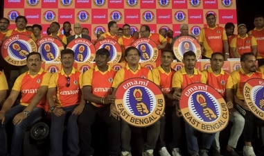 East Bengal's new logo being unveiled by former players, club officials and directors of the Emami Group on Tuesday. (Samir Jana/HT)