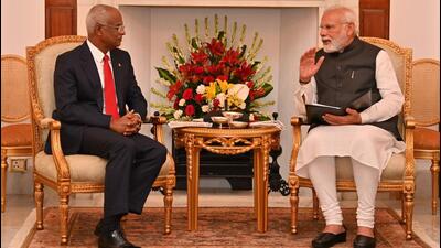 Maldivian President Ibrahim Mohamed Solih (left) with Prime Minister Narendra Modi in New Delhi on Tuesday. (Twitter Photo)