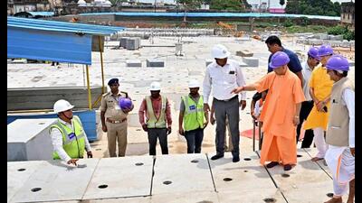 Uttar Pradesh chief minister Yogi Adityanath inspects the Ram Temple construction site, in Ayodhya, on July 31. (ANI Photo/UP CM Office Twitter) Uttar Pradesh chief minister Yogi Adityanath inspects the Ram Temple construction site, in Ayodhya, on July 31. (ANI Photo/UP CM Office Twitter)