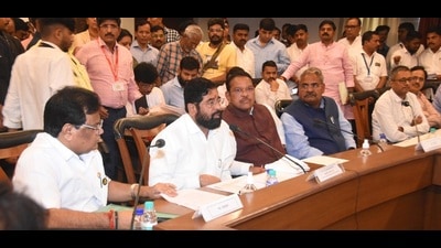 Chief Minister Eknath Shinde at a district review meeting at council hall, Pune on Tuesday. (HT PHOTO) Chief Minister Eknath Shinde at a district review meeting at council hall, Pune on Tuesday. (HT PHOTO)
