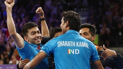 India’s Achanta Sharath Kamal, Harmeet Desai, Sanil Shetty and Sathiyan Gnanasekaran celebrate after winning the gold medal in the table tennis men’s, at the Commonwealth Games 2022. (Birmingham 2022 Twitter) India’s Achanta Sharath Kamal, Harmeet Desai, Sanil Shetty and Sathiyan Gnanasekaran celebrate after winning the gold medal in the table tennis men’s, at the Commonwealth Games 2022. (Birmingham 2022 Twitter)