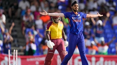 India's Arshdeep Singh celebrates after he bowled West Indies' Rovman Powell during the second T20 cricket match at Warner Park in Basseterre, St. Kitts and Nevis (AP) India's Arshdeep Singh celebrates after he bowled West Indies' Rovman Powell during the second T20 cricket match at Warner Park in Basseterre, St. Kitts and Nevis (AP)