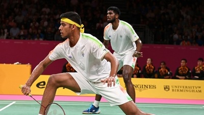India's Satwik Sairaj Rankireddy and India's Chandrashekhar Shetty, front, during the Badminton Men's Doubles game against Malaysia's Aaron Chia Teng Fong and Malaysia's Soh Wooi Yik at the Commonwealth Games in Birmingham (AP) India's Satwik Sairaj Rankireddy and India's Chandrashekhar Shetty, front, during the Badminton Men's Doubles game against Malaysia's Aaron Chia Teng Fong and Malaysia's Soh Wooi Yik at the Commonwealth Games in Birmingham (AP)