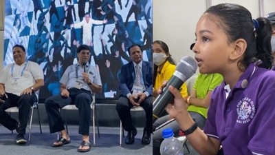 A screengrab of the viral video shows the little girl asking her quirky question to the Indian chess Grandmaster Viswanathan Anand. (Twitter/@thethinkinbird) A screengrab of the viral video shows the little girl asking her quirky question to the Indian chess Grandmaster Viswanathan Anand. (Twitter/@thethinkinbird)