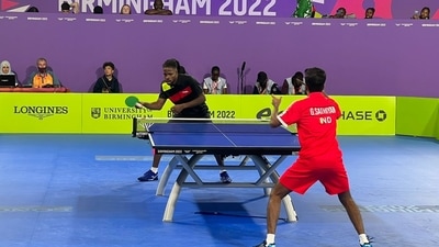 G Sathiyan in action for India in CWG 2022. (Twitter/@Media_SAI)