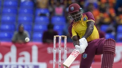 Rovman Powell finished well for the West Indies and they scored 164/5 (AP) Rovman Powell finished well for the West Indies and they scored 164/5 (AP)