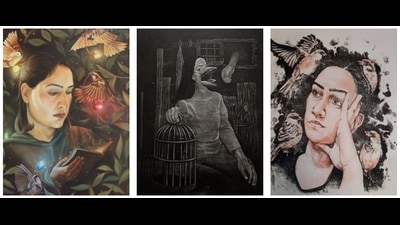 Artist Sunaina Bhagat’s art works — Abundance; Infatuation; and Absorbed. (HT Photos)