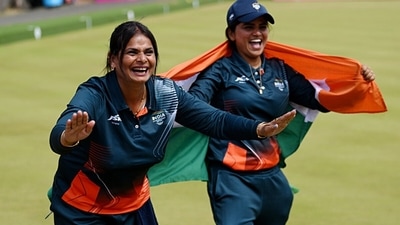 Lovely Choubey and Pinki of Team India celebrate winning gold in Women's Fours. (Getty) Lovely Choubey and Pinki of Team India celebrate winning gold in Women's Fours. (Getty)
