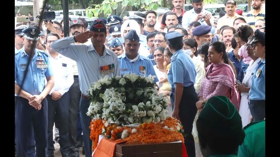 Wing Commander Mohit Rana was cremated on July 30, 2022. The morale of young aircrew is important, and their confidence is affected when fatal accidents occur. (Keshav Singh/Hindustan Times)