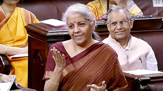 Union Finance Minister Nirmala Sitharaman speaks in Rajya Sabha during the Monsoon Session of Parliament, in New Delhi on Tuesday. (ANI Photo/ SansadTV)(ANI)