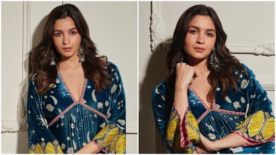 Pregnant Alia Bhatt in velvet kaftan dress for Darlings promotions ...