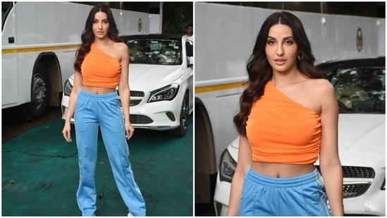 Nora Fatehi in crop prime and joggers is the colour-block trend queen it's worthwhile to drive away Tuesday blues 5 Additionally, for the glam picks, Nora chose a nude pink lip shade, subtle nude eye shadow, sleek black eyeliner, mascara on the lashes, dewy base, blushed cheeks, on-fleek brows, sharp contouring, and beaming highlighter.(HT Photo/Varinder Chawla)