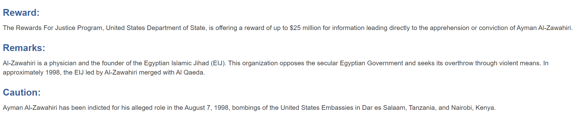 Zawahiri's details on FBI's website, however, are yet to be updated. Zawahiri's details on FBI's website, however, are yet to be updated.