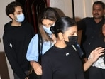 Agastya Nanda, Shweta Bachchan and Suhana Khan spotted outside a Mumbai restaurant. Agastya Nanda, Shweta Bachchan and Suhana Khan spotted outside a Mumbai restaurant.