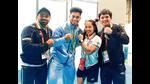 Bronze medallist Gururaja Poojary with gold medallists Achinta Sheuli, Mirabai Chanu and Jeremy Lalrinnunga, at CWG 2022. (Photo: Twitter) Bronze medallist Gururaja Poojary with gold medallists Achinta Sheuli, Mirabai Chanu and Jeremy Lalrinnunga, at CWG 2022. (Photo: Twitter)