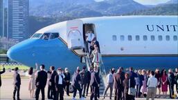US House of Representatives Speaker Nancy Pelosi waves with other members of the delegation as they board a plane before leaving Taipei Songshan Airport in Taipei, Taiwan. (VIA REUTERS)