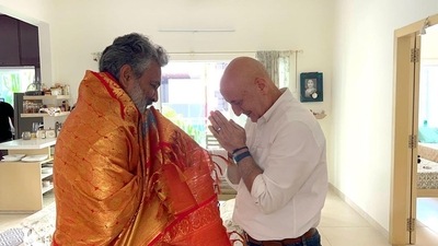 Anupam Kher at SS Rajamouli's house in Hyderabad. Anupam Kher at SS Rajamouli's house in Hyderabad.
