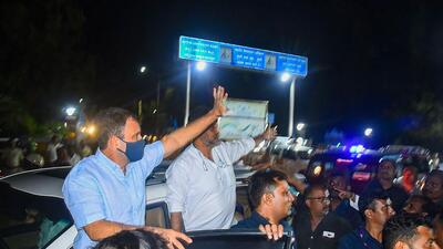 Congress leader Rahul Gandhi in Hubballi on Tuesday. (PTI)