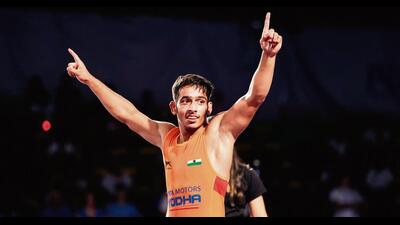 Wrestler Suraj Vashishth, 16, defeated Azerbaijan wrestler Faraim Mustafayev by 11-0 to clinch gold for India, after 32 years. Wrestler Suraj Vashishth, 16, defeated Azerbaijan wrestler Faraim Mustafayev by 11-0 to clinch gold for India, after 32 years.