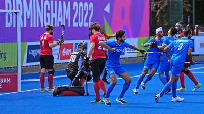 Indian players celebrate a goal against Canada during the Men's Pool B hockey match at the Commonwealth Games. (AP) Indian players celebrate a goal against Canada during the Men's Pool B hockey match at the Commonwealth Games. (AP)