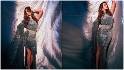 Malaika Arora is the epitome of a fashionista. Malaika can make any outfit look better when she dresses in it, whether it's a casual or ethnic outfit. The actress is dressed in a stunning silver sequined gown with dramatic sleeves and a thigh-high&nbsp;side slit.&nbsp; Glossy makeup and silver statement earrings perfectly&nbsp;complemented the look. (Instagram)