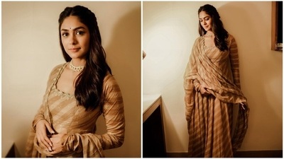 The young and versatile actor Mrunal Thakur has lured the fashion gurus with her impeccable style sense. She is an avid social media user who keeps her fans updated with all her doings. She can ace any look effortlessly and knows all the spells to leave fans enchanted with her dreamy avatars. She is here to take your mid-week blues in this stunning beige anarkali set. (Instagram/@mrunalthakur) The young and versatile actor Mrunal Thakur has lured the fashion gurus with her impeccable style sense. She is an avid social media user who keeps her fans updated with all her doings. She can ace any look effortlessly and knows all the spells to leave fans enchanted with her dreamy avatars. She is here to take your mid-week blues in this stunning beige anarkali set. (Instagram/@mrunalthakur)