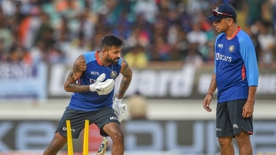 Indian cricket team head coach Rahul Dravid with Hardik Pandya (PTI) Indian cricket team head coach Rahul Dravid with Hardik Pandya (PTI)