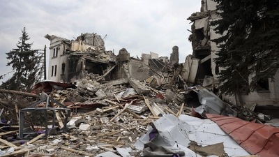 A view of the Mariupol theater damaged during fighting in Mariupol, in territory under the government of the Donetsk People's Republic, eastern Ukraine, on April 4, 2022. (AP) A view of the Mariupol theater damaged during fighting in Mariupol, in territory under the government of the Donetsk People's Republic, eastern Ukraine, on April 4, 2022. (AP)