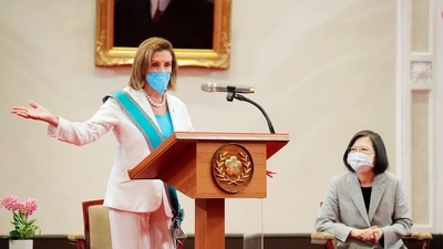 In this photo released by the Taiwan Presidential Office, US house speaker Nancy Pelosi speaks during a meeting with Taiwanese president Tsai Ing-wen, right, in Taipei, Taiwan. (AP)