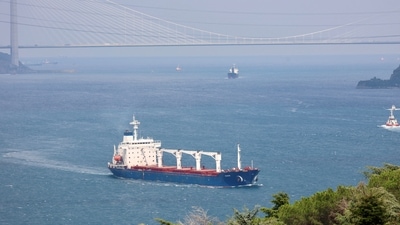 The Sierra Leone-flagged cargo ship Razoni, carrying Ukrainian grain, sails in the Bosphorus en route to Lebanon, in Istanbul, Turkey. (REUTERS)