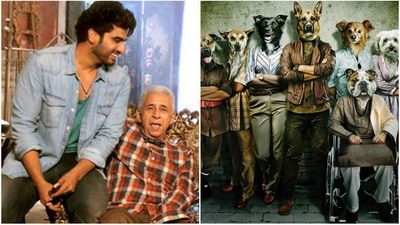 Left- Arjun Kapoor and Naseeruddin Shah in Finding Fanny. Right- Poster of their film Kuttey. Left- Arjun Kapoor and Naseeruddin Shah in Finding Fanny. Right- Poster of their film Kuttey.