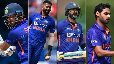 From Left: Shikhar Dhawan, Hardik Pandya, Dinesh Karthik and Bhuvneshwar Kumar. (Getty Images) From Left: Shikhar Dhawan, Hardik Pandya, Dinesh Karthik and Bhuvneshwar Kumar. (Getty Images)