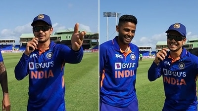 Ishan Kishan had a message for Suryakumar Yadav's wife, Devisha. (Screengrab/BCCI) Ishan Kishan had a message for Suryakumar Yadav's wife, Devisha. (Screengrab/BCCI)