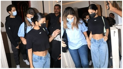 Agastya Nanda, Shweta Bachchan and Suhana Khan spotted outside a Mumbai restaurant. Agastya Nanda, Shweta Bachchan and Suhana Khan spotted outside a Mumbai restaurant. 