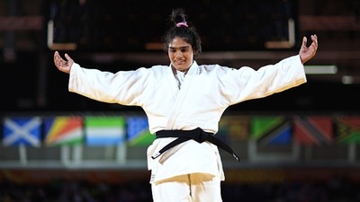 Tulika Maan of India celebrates her victory over Sydnee Andrews of Australia during Women's +78Kg judo semis. (Getty) Tulika Maan of India celebrates her victory over Sydnee Andrews of Australia during Women's +78Kg judo semis. (Getty)