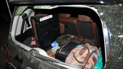 Car of MLA Uday Samant at Kothrud Police station after it was attacked at Katraj chowk in Pune on Tuesday. (HT PHOTO)