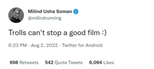 Milind Soman shows support for Laal Singh Chaddha. Milind Soman shows support for Laal Singh Chaddha. 