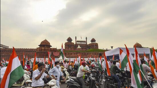 Tiranga Bike Rally participants at Red Fort. (PTI)