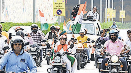 BJP MLAs and workers at the 'Tiranga Bike Rally' in New Delhi on Wednesday.  (Arvind Yadav/HT)