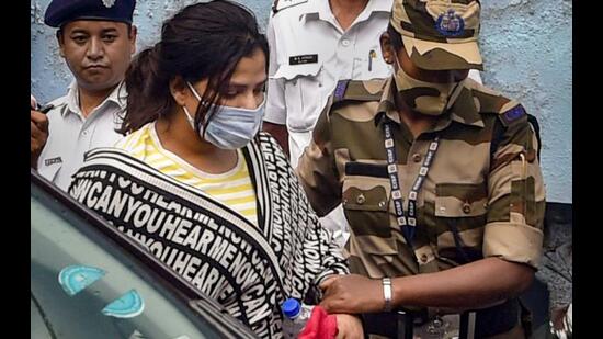 Arpita Mukherjee, close aide of TMC leader Partha Chatterjee, being produced at a court in connection with the teachers’ recruitment scam in Kolkata Wednesday. (PTI) Arpita Mukherjee, close aide of TMC leader Partha Chatterjee, being produced at a court in connection with the teachers’ recruitment scam in Kolkata Wednesday. (PTI)