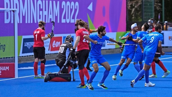 Indian players celebrate a goal against Canada during the Men's Pool B hockey match at the Commonwealth Games. (AP)