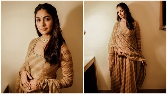 The young and versatile actor Mrunal Thakur has lured the fashion gurus with her impeccable style sense. She is an avid social media user who keeps her fans updated with all her doings. She can ace any look effortlessly and knows all the spells to leave fans enchanted with her dreamy avatars. She is here to take your mid-week blues in this stunning beige anarkali set.(Instagram/@mrunalthakur)