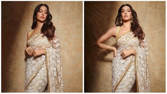 Nora Fatehi often makes bold fashion statements with her impressive wardrobe choices.  Her stylist chooses the best outfit that blends perfectly with her figure and skin tone.  Her charm and bold personality are her secret mantras in attracting fans.  Recently, she became a muse for one of India's most famous designers, Manish Malhotra, and wore this beautiful ivory saree.(Instagram/@norafatehi)