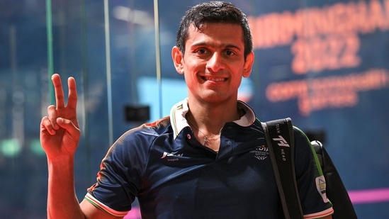 India's Saurav Ghosal flashes the victory sign(PTI)