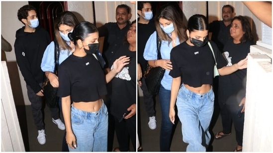 Suhana chose a date-night-ready ensemble for the outing. Her fit is from the shelves of the luxury clothing label Off-White and features a black crop top with drop shoulder detail, round neckline, half sleeves, loose silhouette, and a cropped hem length exposing the midriff.(HT Photo/Varinder Chawla)