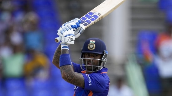 India's Suryakumar Yadav hits a six against West Indies during the third T20 cricket match at Warner Park in Basseterre, St. Kitts and Nevis(AP)