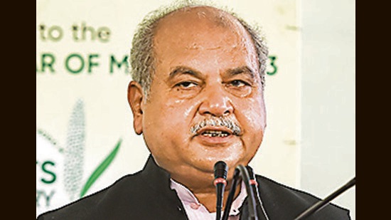 New Delhi: Union Minister for Agriculture and Farmers Welfare Narendra Singh Tomar addresses during the 'Millets Culinary Carnival', at Delhi Haat in New Delhi, Saturday, July 30, 2022. (PTI Photo/Vijay Verma)(PTI07_30_2022_000147B) (PTI)