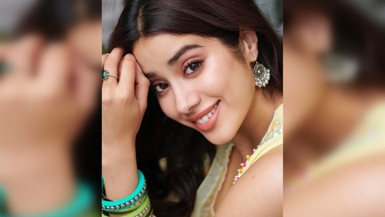 Janhvi Kapoor took to her Instagram handle and shared some gorgeous photos of herself in a pastel yellow kurta featuring multi-coloured beads and prints.(Instagram/@janhvikapoor)